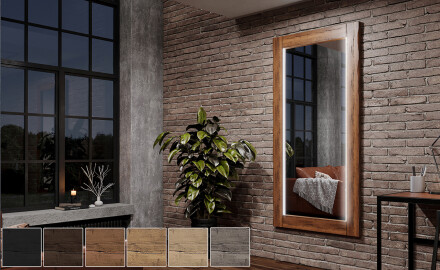 Verticale specchio rettangolare con luce LED con cornice in legno L225